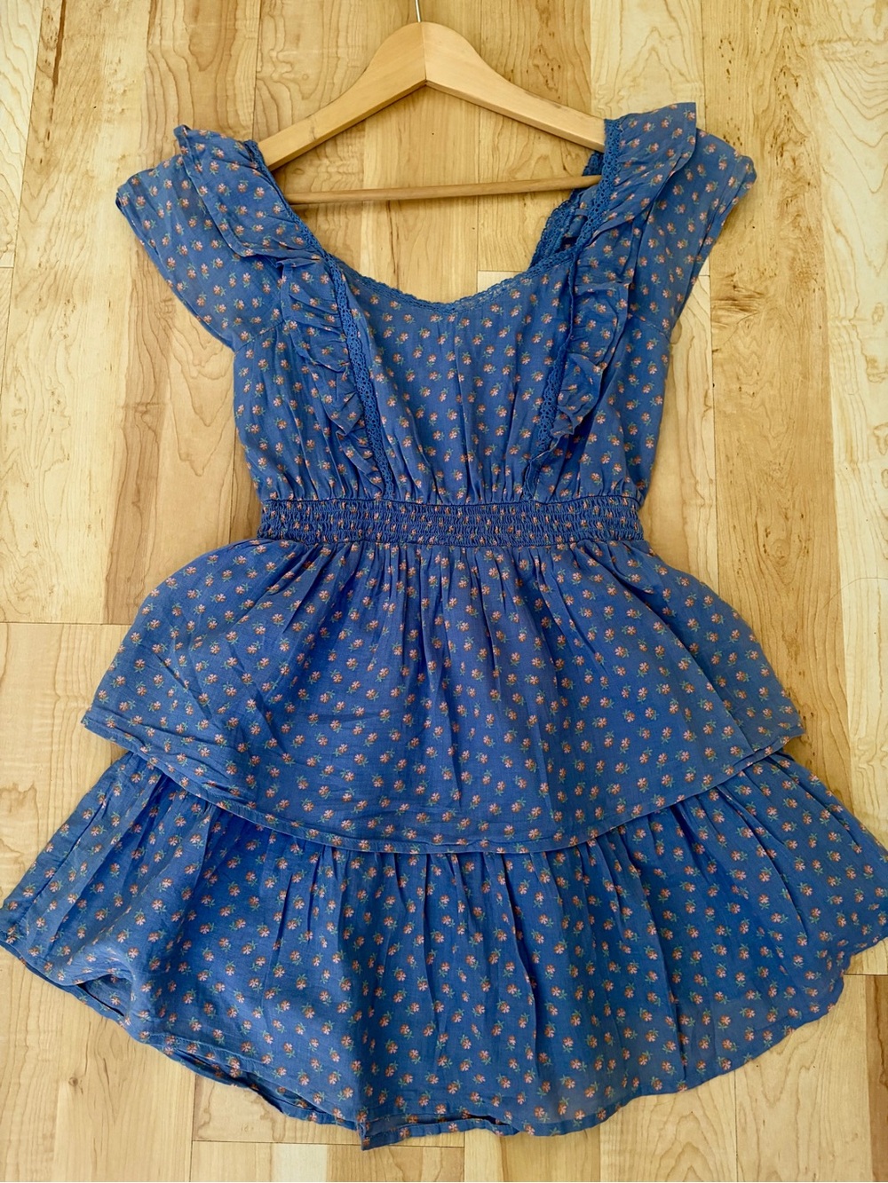 American Eagle Blue Floral Ruffle Mini Dress